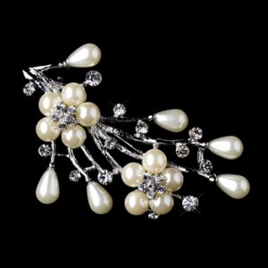 Antique Silver Clear Rhinestone & Ivory Pearl Bouquet Brooch 227