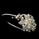 Silver Bridal Headband with Rhinestone & Ivory Pearl Side Accenting Flower 9618