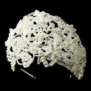 Exquisite Ivory Russian Tulle Cap Headband of Pearls & Rhinestones 9603