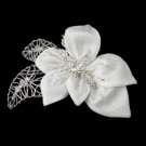 Silver & Ivory Fabric Accented w/ Crystals, Bugle Beads & Rhinestones Flower Hair Clip 9633