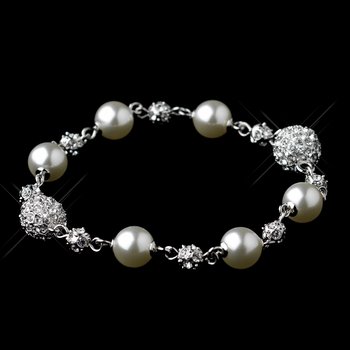 Silver Diamond White Pearl & Rhinestone Bracelet 8767