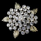 Gold Clear Rhinestone Flower Leaf Brooch 149
