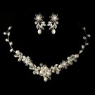 Silver Freshwater Pearl & Rhinestone Necklace & Earrings Jewelry Set 9305