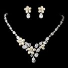 Antique Silver Freshwater Pearl & CZ Crystal Necklace & Earrings Jewelry Set 1310