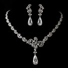 Antique Silver Clear CZ Crystal Necklace & Earrings Jewelry Set 1313