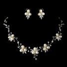 Antique Silver Freshwater Pearl & CZ Crystal Necklace & Earrings Floral Jewelry Set 1318