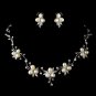 Antique Silver Freshwater Pearl & CZ Crystal Necklace & Earrings Floral Jewelry Set 1318
