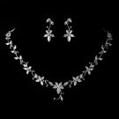 Antique Silver Rhodium Clear CZ Crystal Necklace & Earrings Jewelry Set 1403