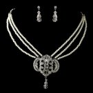 Silver Ivory Pearl & Rhinestone Necklace & Earrings Jewelry Set 1854
