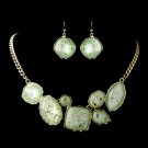 Gold Mint Green Opalescent Moonglass Necklace & Earrings Jewelry Set 8159