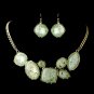 Gold Mint Green Opalescent Moonglass Necklace & Earrings Jewelry Set 8159