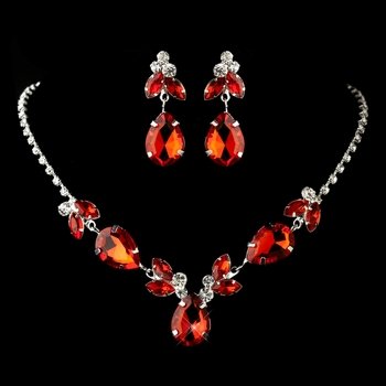 Silver Red & Clear Rhinestone Necklace & Earrings Jewelry Set 47003