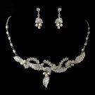 Silver Freshwater Pearl & Rhinestone Leaf Necklace & Earrings Jewelry Set 8155