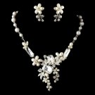 Silver Freshwater & Multi Shaped Rhinestone Floral Necklace & Earrings Jewelry Set 8156