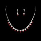 Silver Red Rhinestone Necklace & Earrings Jewelry Set 3108