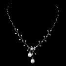 Antique Rhodium Silver Clear CZ Crystal & Diamond White Pearl Drop Necklace 3870