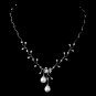 Antique Rhodium Silver Clear CZ Crystal & Diamond White Pearl Drop Necklace 3870