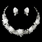 Silver Ivory Pearl, Rhinestone & Swarovski Crystal Necklace & Earrings Flower Jewelry Set 9613