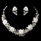 Gold Ivory Pearl, Rhinestone & Swarovski Crystal Necklace & Earrings Flower Jewelry Set 9613