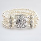 Antique Rhodium Silver 3 Row Ivory Pearl CZ Bracelet 7418