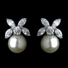 Antique Rhodium Silver CZ Clear Crystal & Diamond White Pearl Stud Earrings 7401