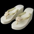 Gold Flower Cluster Rhinestone & Pearl High Wedge Flip Flops-31-G-IV