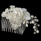 Silver Diamond White Floral Comb with Freshwater Pearls & Rhinestones