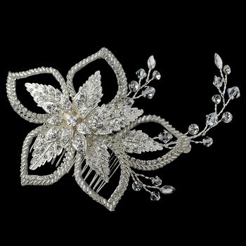 Silver Clear Swarovski Crystal Bead, Bead & Rhinestone Floral Leaf Comb