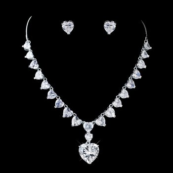 Silver Clear Rhinestone & CZ Crystal Heart Necklace & Earrings Jewelry Set 72136
