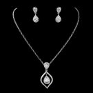 Silver Clear Teardrop CZ Crystal & Rhinestone Drop Necklace & Earrings Jewelry Set 72093