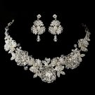 Silver Clear Rhinestone Necklace & Earrings Floral Leaf Jewelry Set 9687