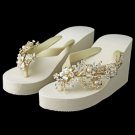 Floral Light Gold Vine High Wedge Flip Flops with Rhinestone & Pearl Accents