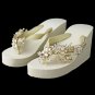 Floral Light Gold Vine High Wedge Flip Flops with Rhinestone & Pearl Accents