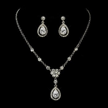 Antique Silver Clear Tear Drop CZ Stone Necklace & Earrings Set 8010