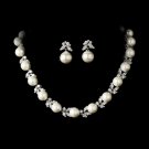 Silver Diamond White Pearl Necklace 2592 Earrings 5152 Jewelry Set
