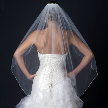Single Layer Fingertip Bridal Veil with freshwater pearls, rhinestones & bugle beads V 1130 1F