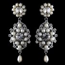 Antique Rhodium Silver Clear Rhinestone & Freshwater Pearl Accent Drop Earrings 9862