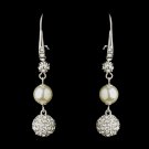 Silver Diamond White Pearl & Clear Rhinestone Pave Ball Dangle Earrings 8767