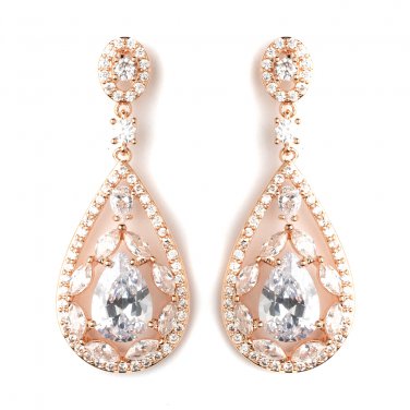 Rose Gold Clear Multi Cut Teardrop CZ Crystal Chandelier Bridal Wedding Earrings 7769