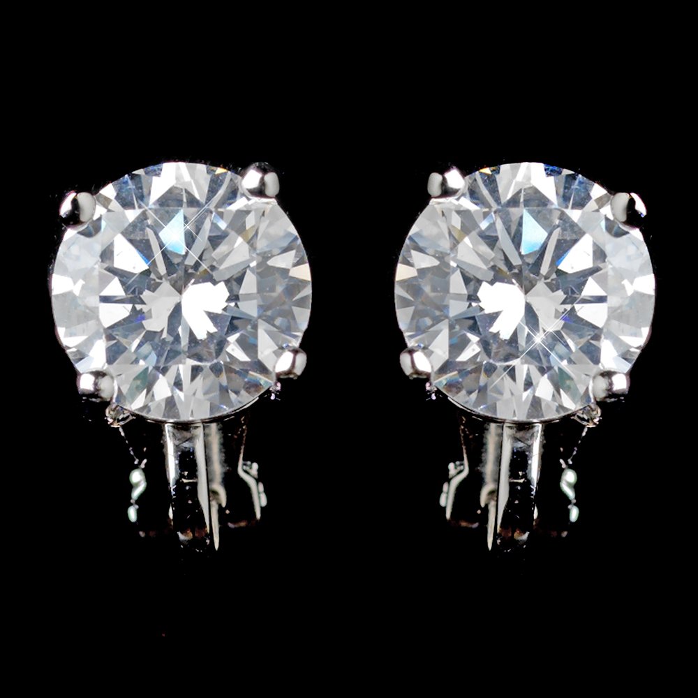 Rhodium Clear Round CZ Clip On Earrings