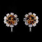 Silver Brown & Clear Round Rhinestone Clipped Stud Earrings 1442