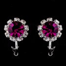 Silver Fuchsia & Clear Round Rhinestone Clipped Stud Earrings 1442