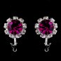 Silver Fuchsia & Clear Round Rhinestone Clipped Stud Earrings 1442