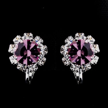 Silver Light Amethyst & Clear Round Rhinestone Clipped Stud Earrings 1442