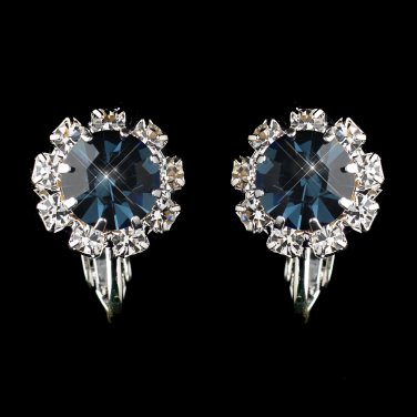 Silver Navy & Clear Round Rhinestone Clipped Stud Earrings 14