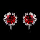 Silver Red & Clear Round Rhinestone Clipped Stud Earrings 1442