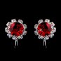 Silver Red & Clear Round Rhinestone Clipped Stud Earrings 1442