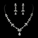 Antique Silver Clear CZ Tear Drop Crystal Necklace & Earrings Bridal Jewelry Set 1287
