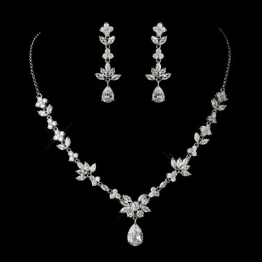Antique Silver Clear CZ Tear Drop Crystal Necklace & Earrings Bridal Jewelry Set 1287