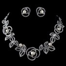 Rhodium Diamond White Pearl Necklace 76013 & Earrings 76013 Rose Jewelry Set
